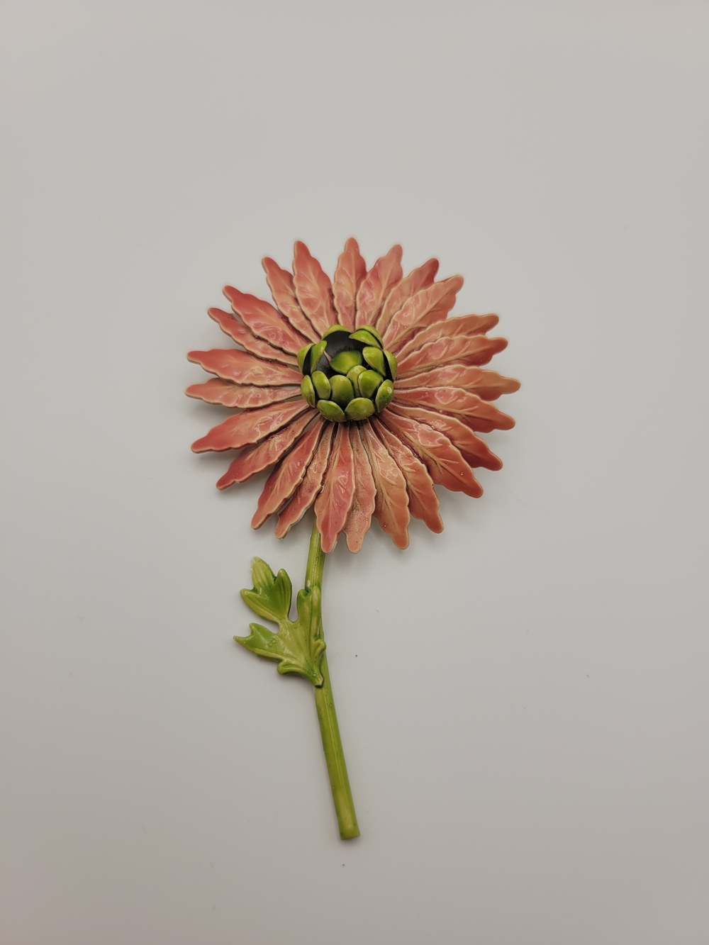 Vintage pink and green enamel flower brooch